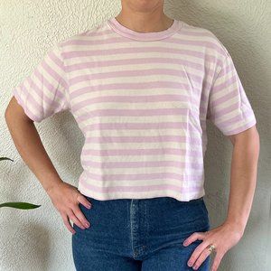 Gap Womens Cropped Top Striped Short Sleeve Crew Neck Pullover Pink/White S